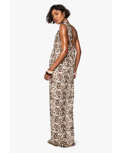 chinese dress ladies Sheer Ruched Chiffon Maxi Dress- Leopard Print