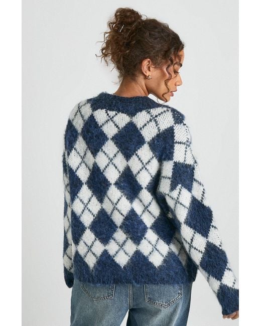 Boohoo Blue Premium Super Soft Brushed Knit V Neck Argyle Oversized Jumper