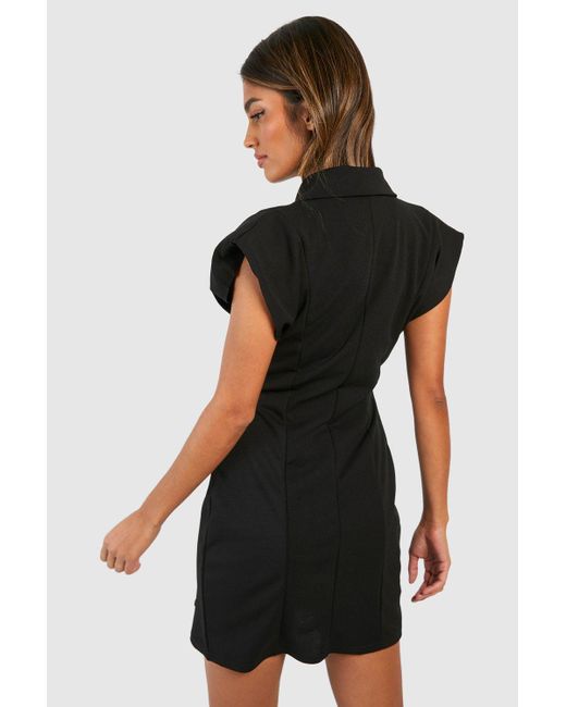 Boohoo Black Crepe Shoulder Pad Wrap Front Blazer Dress