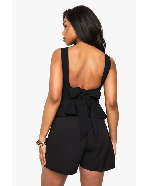 Boohoo Black Bengaline Tied Open Back Peplum Top