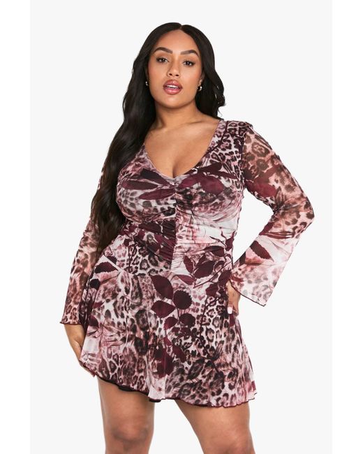 Boohoo Red Plus Printed Mesh Ruched Mini Skater Dress