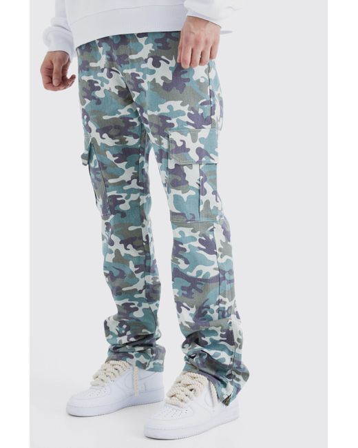 BoohooMAN Blue Tall Fixed Waist Slim Flare Washed Camo Gusset Trouser for men