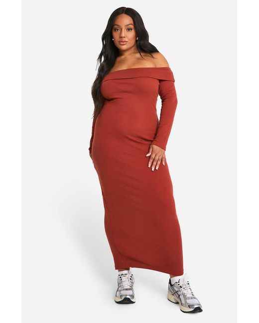 Boohoo Red Plus Basic Rib Bardot Maxi Dress