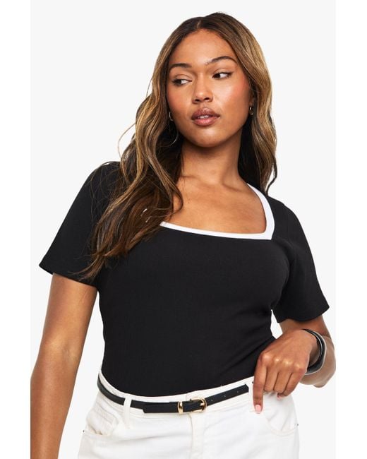 Boohoo Black Plus Rib Contrast Binding Square Neck Short Sleeve One Piece