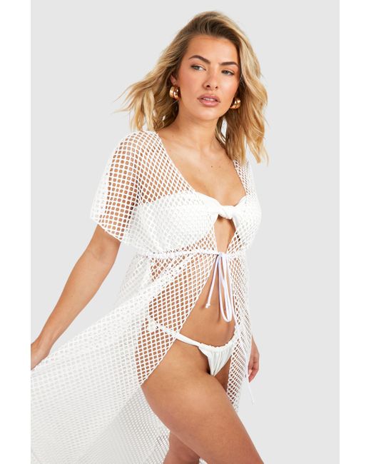 Kimono Maxi Para La Playa De Punto Croché Boohoo de color White