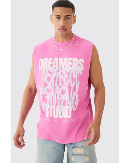 BoohooMAN Pink Oversized Dreamers Graffiti Printed Wash Tank for men