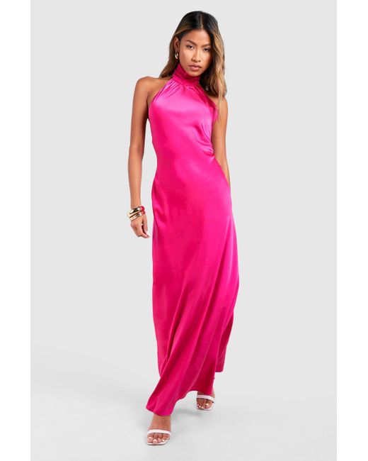 Satin Halterneck Maxi Dress Boohoo de color Pink