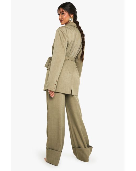 Boohoo Natural Tailored Woven Turn Up Hem Wide Leg Trouser