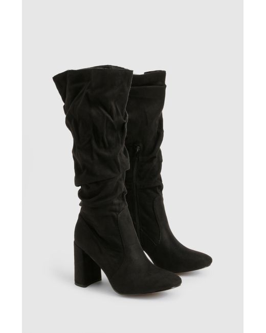 Boohoo Black Slouchy Knee High Block Heel Boots