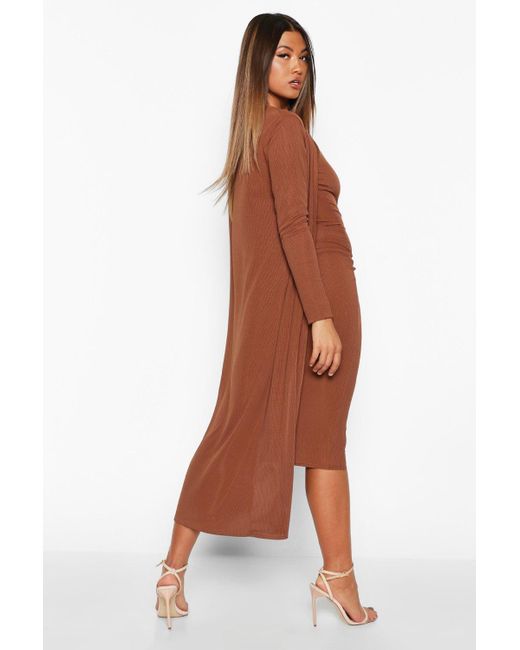 Boohoo Ribbed Midi Dress And Duster Set 