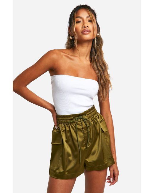 Boohoo Green Satin Cargo Utility Shorts