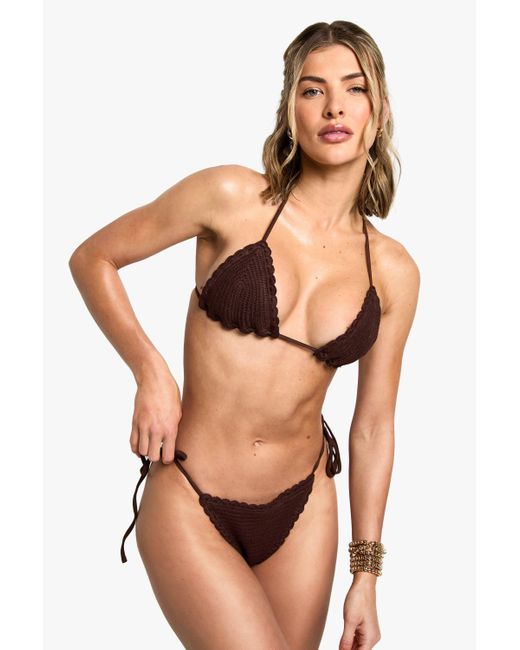 Boohoo Black Crochet Triangle Bikini Top & Tie Side Bikini Bottoms Set