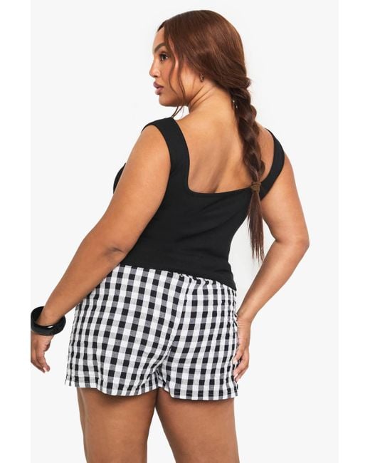 Boohoo Black Plus Rib Button Through Square Neck Top