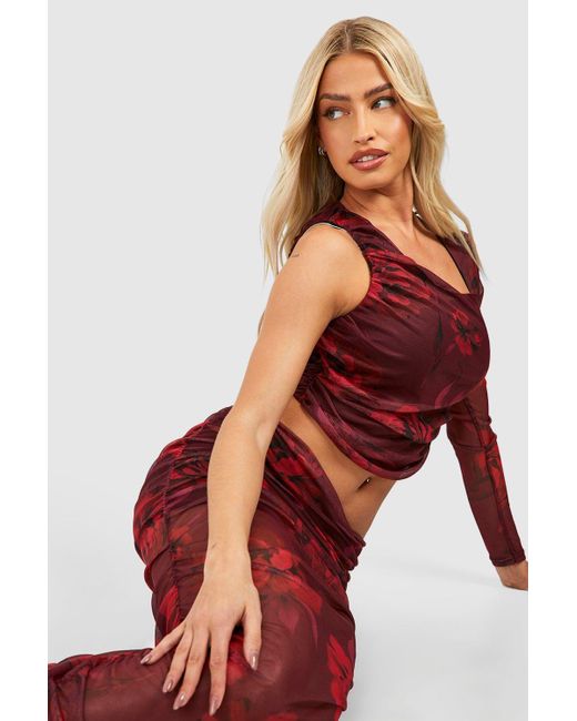 Boohoo Red Floral Mesh Ruched One Shoulder Top