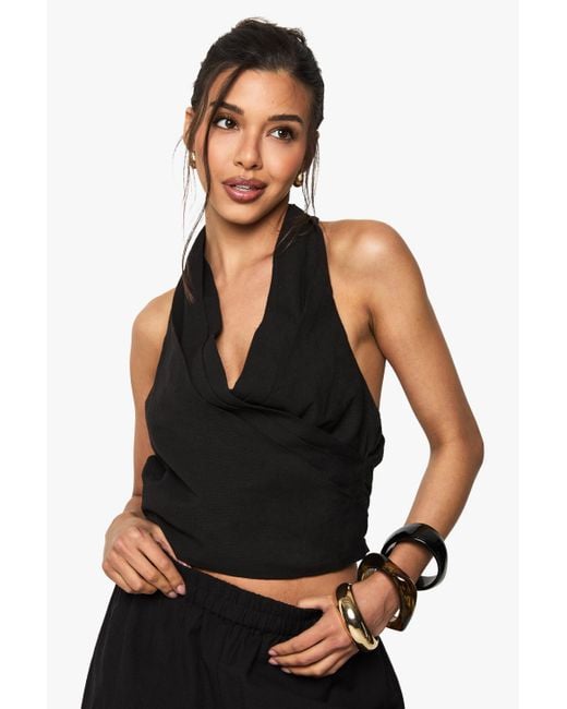 Boohoo Black Linen Look Wrap Front Crop Top