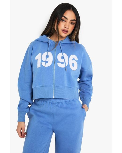Boohoo Blue 1996 Self Fabric Applique Cropped Hoodie