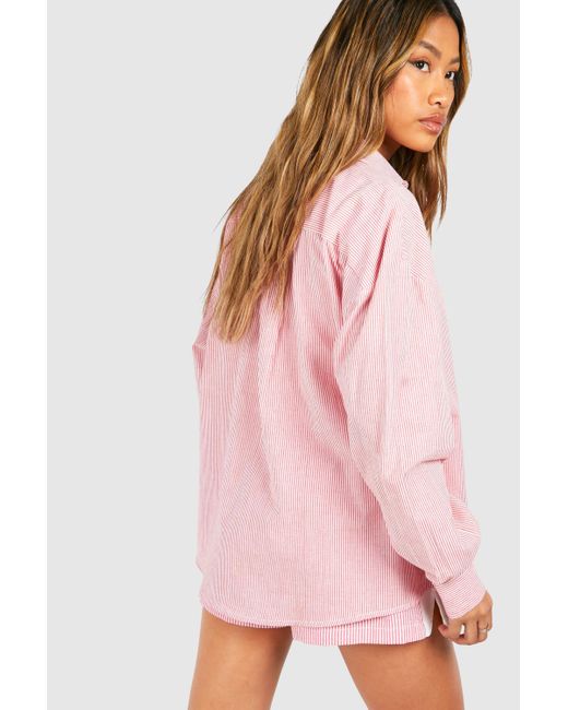 Oversized Pocket Detail Pinstripe Stripe Shirt Boohoo de color Pink