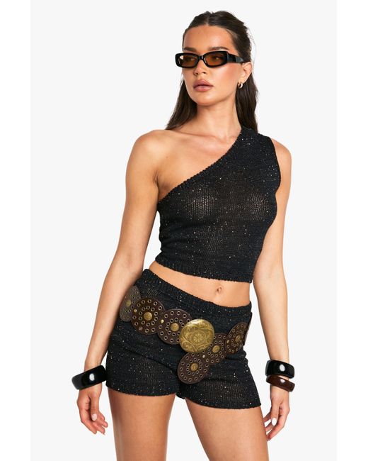 Boohoo Black Sequin Knit Sheer Asymmetric One Shoulder Knitted Top
