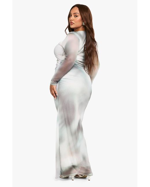 Boohoo Natural Plus Abstract Mesh Ruched Maxi Dress