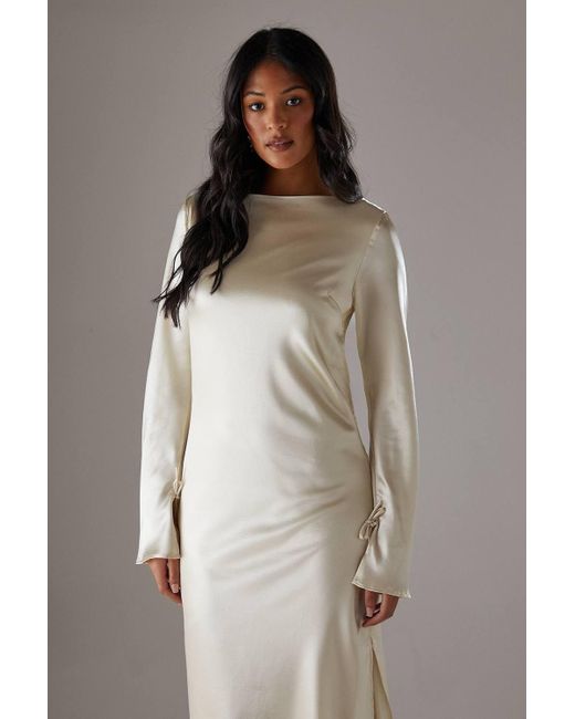 Warehouse Brown Crinkle Satin Bias Tie Sleeve Midi Dress