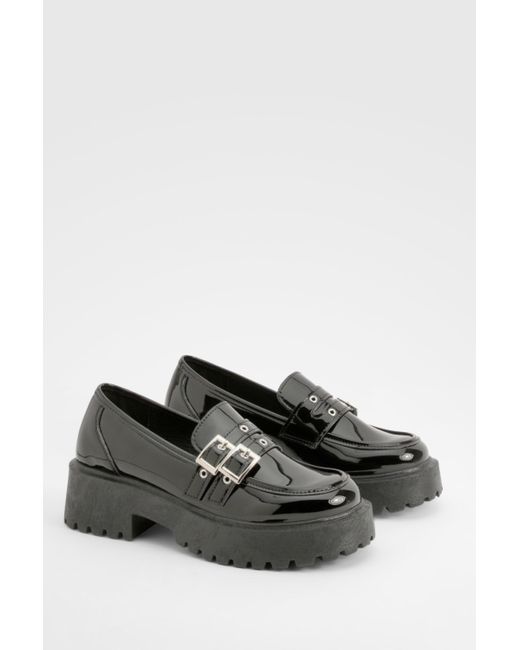 Patent Buckle Detail Chunky Sole Loafers Boohoo de color Black
