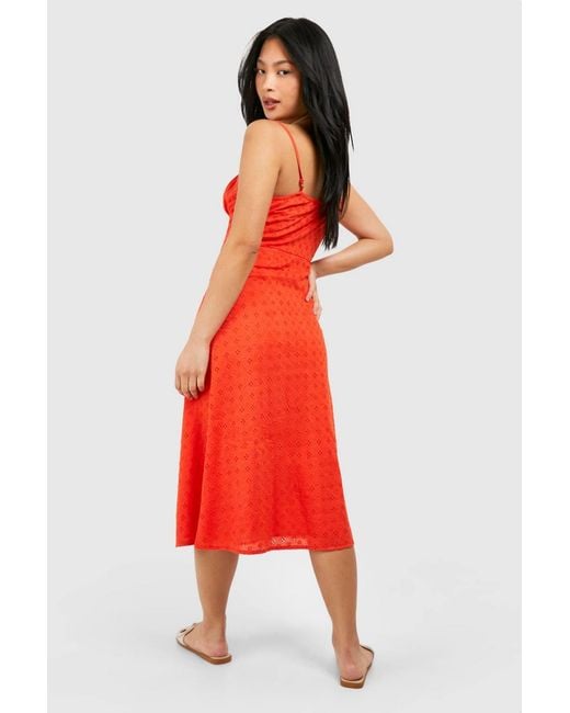 Boohoo Red Petite Broderie Button Detail Midi Dress