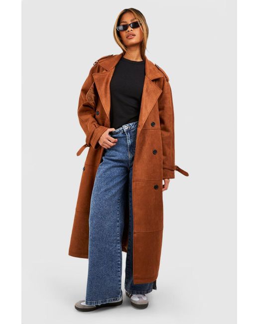 Boohoo Brown Oversized Suede Look Belted Maxi Trench