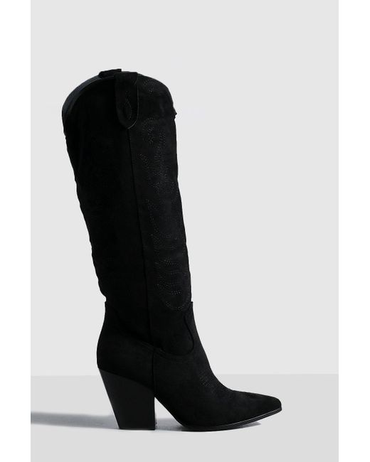 Boohoo Embroidered Knee High Western Cowboy Boots in Black | Lyst Canada