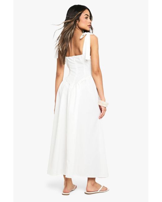 Boohoo V Neck Strappy Cotton Midaxi Dress in White | Lyst