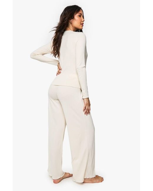 Boohoo White Maternity Brushed Rib Wrap Lettuce Hem Top & Trouser Lounge Set