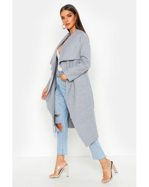 Boohoo Belted Waterfall Coat in Grey (Gray) - Lyst