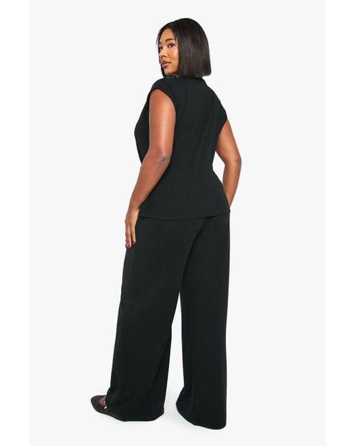 Boohoo Black Plus Cap Sleeve Trim Detail Wrap Top And Wide Leg Trouser