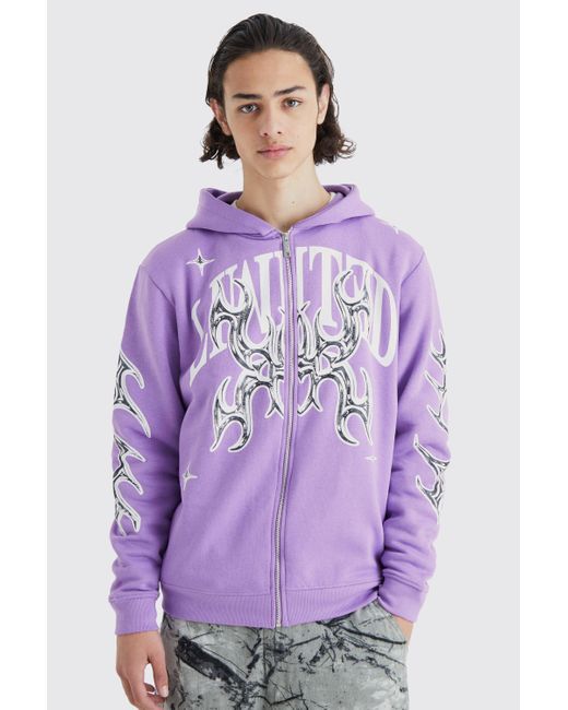 BoohooMAN Purple Oversized Limited Graphic Hoodie for men