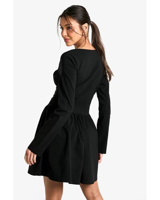 Boohoo Black Bengaline Corset Long Sleeve Skater Dress