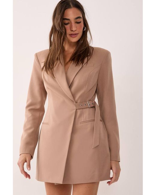 Nasty Gal Women's Brown Tailored Belted Shoulder Pad Blazer Dress