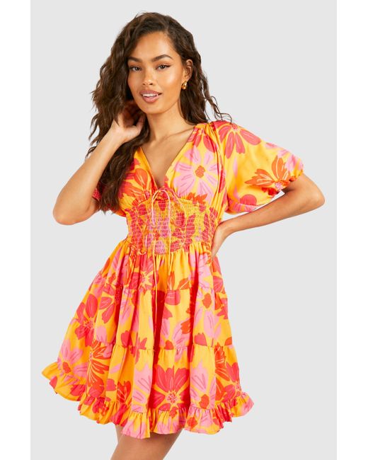 Printed Puff Sleeve Mini Dress Boohoo de color Orange