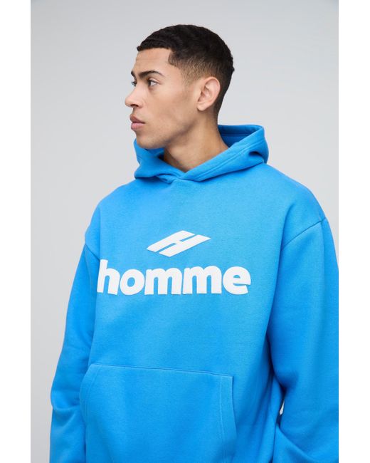 Sudadera Oversize Con Capucha Y Estampado Homme En Relieve Boohoo de color Blue
