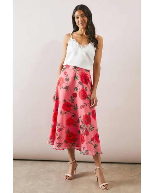 Wallis Red Rose Print Organza Midi Skirt