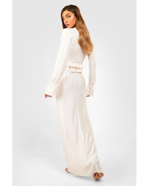 Boohoo White Plisse Long Sleeve Ruffle Detail Maxi Dress