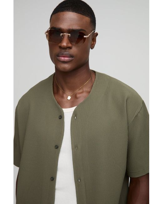 Camisa Oversize De Manga Corta Plisada Sin Cuello Boohoo de color Green
