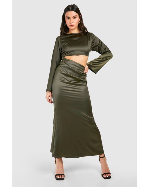 Boohoo Green Satin Cut Out Long Sleeve Maxi Dress