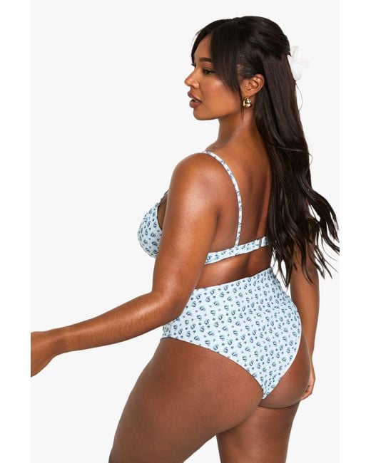 Boohoo Blue Plus Gingham Floral Print Underwired Bikini Top