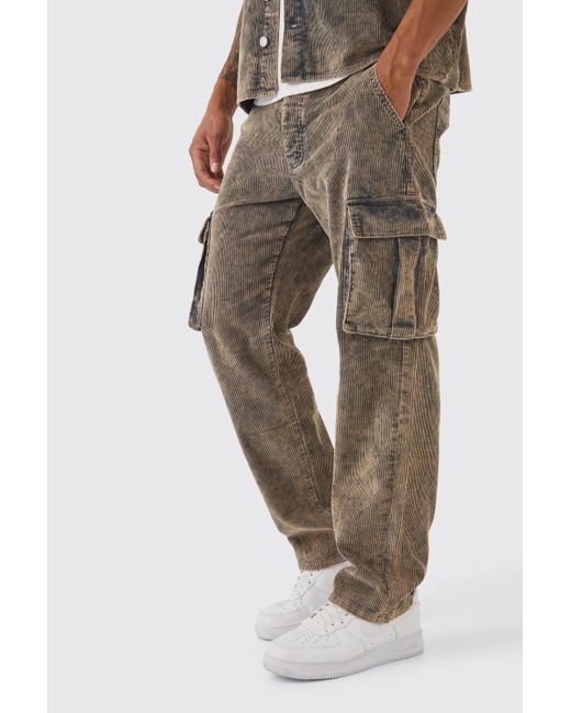 BoohooMAN Natural Relaxed Acid Wash Cord Cargo Trouser for men