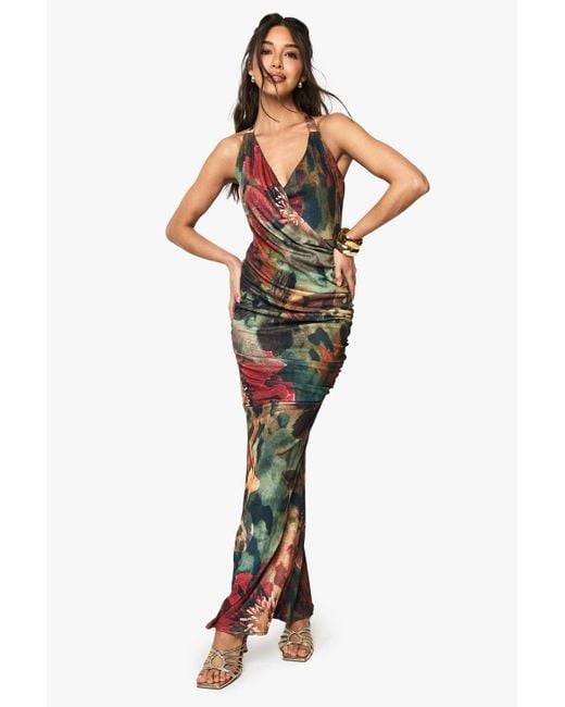 Boohoo Women's Green Floral Halterneck Cowl Maxi Dress