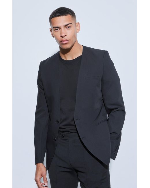 BoohooMAN Blue Skinny Fit Collarless Single Breasted Blazer for men