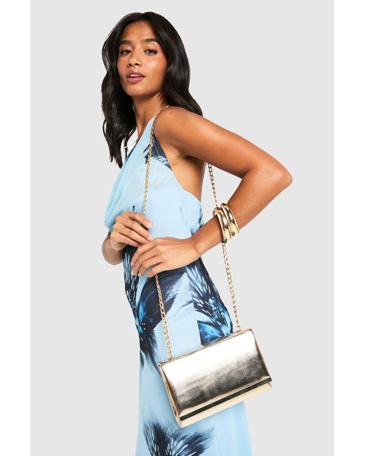 Boohoo Blue Metallic Structured Hardware Detail Clutch Bag And Chain