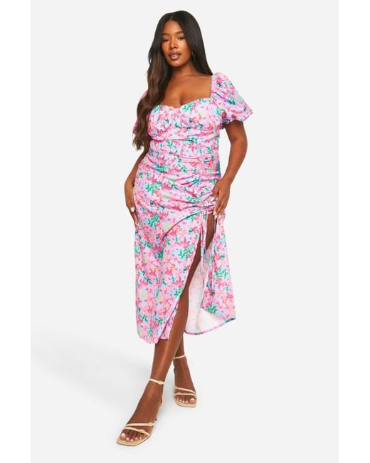 Boohoo Red Plus Woven Ditsy Floral Ruched Midaxi Dress