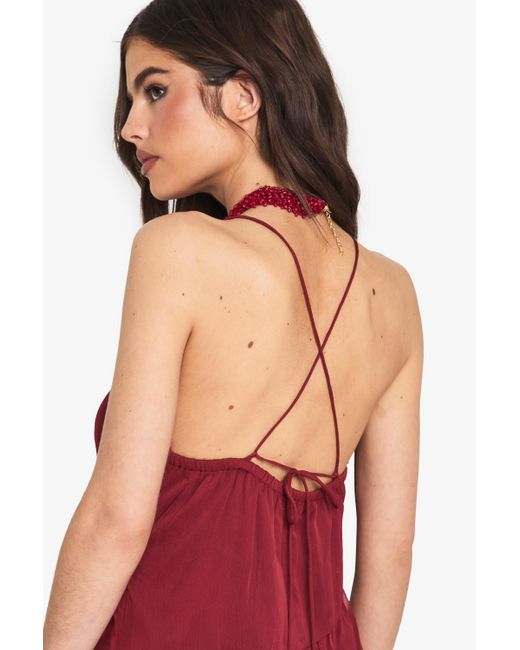 Camisola De Tela Doble De Chifón Fruncido Con Volante Boohoo de color Red
