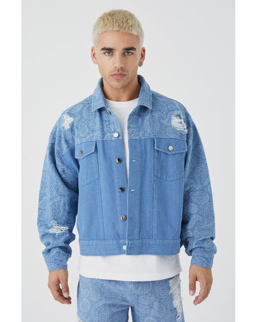 BoohooMAN Blue Boxy Fit Paisley Spliced Denim Jacket for men