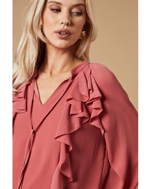 Oasis Red Chiffon Ruffle Blouse